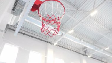 Profesyonel basketbol sahası modern okul spor salonunda sağlam duruyor. Güneş ışığı yüksek pencerelerden süzülür parlayan arka tahtaya