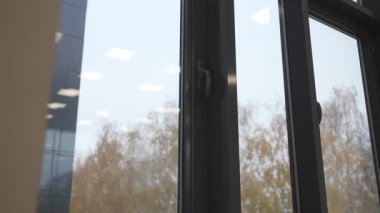 Koyu renkli metal-plastik çerçeve, şeffaf pencerenin etrafını sarar. Uzak akademik yapı, modern karşıtlıkla temiz yüzeye yansıyor