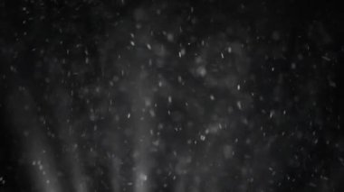 Büyük kar taneleri bir fenerin altında rüzgarda dönüyor.