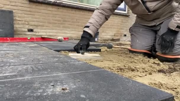 Worker Laying Paving Slabs Street — Stock Video