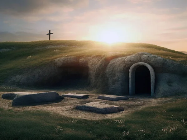 An empty tomb with cross on a hill at dawn. Easter and Good Friday concep