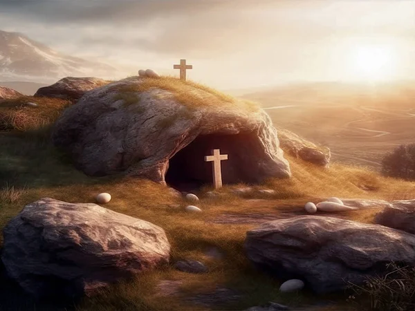 An empty tomb with cross on a hill at dawn. Easter and Good Friday concep
