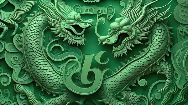 Chinese style green dragon, against the backdrop of bamboo rainforest.