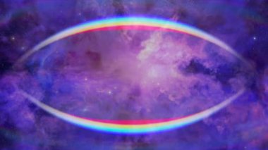 Parlayan bulutlar ve yıldız sahalarında uçan bir animasyon. Dış uzayda parlayan Samanyolu Galaksisi 'ne doğru kusursuz döngü keşfi