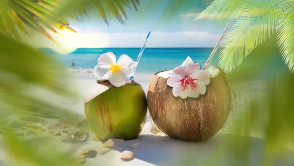 Тропический Кокосовый Коктейль Песчаном Пляже Бирюзовой Морской Водой Концепция Релаксации Стоковое Изображение
