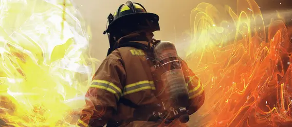 Firefighter extinguishing fire using a hose. Firefighter stand with their backs to the camera