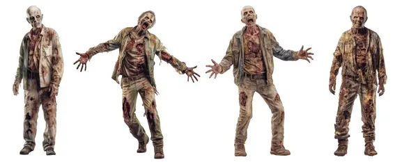 Korkunç yüzlü bir zombi, derisi zarar görmüş, yüzünde ve ağzında kan var, beyaz arka planda izole edilmiş. Ürkütücü Cadılar Bayramı projesi ya da gizemli korku