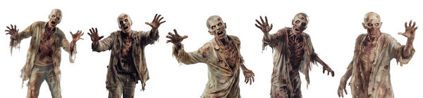 Зомби со страшным лицом, поврежденной кожей, кровью на лице и во рту изолированы на белом фоне. Жуткий дизайн проекта Хэллоуин или таинственный ужас