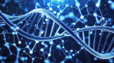 Mavi arkaplanda mikroskop altında gerçek DNA sarmalı yapısı. Genetik model, atomlar moleküler zincir içinde birbirine bağlıdır..