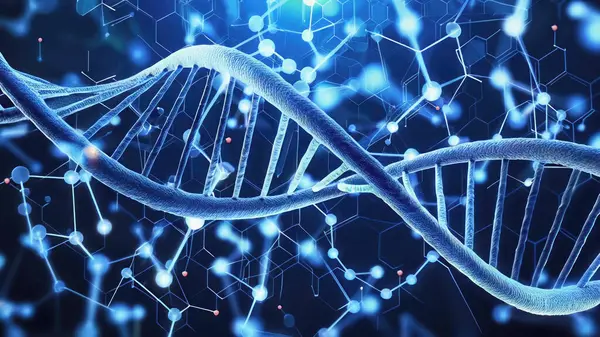 Mavi arkaplanda mikroskop altında gerçek DNA sarmalı yapısı. Genetik model, atomlar moleküler zincir içinde birbirine bağlıdır..
