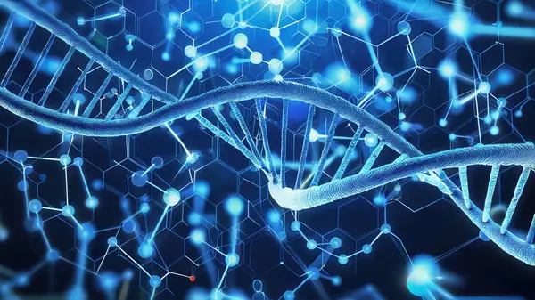 Mavi arkaplanda mikroskop altında gerçek DNA sarmalı yapısı. Genetik model, atomlar moleküler zincir içinde birbirine bağlıdır..