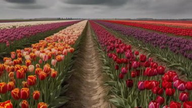 Hollanda 'daki lale tarlalarında güzel kırmızı, sarı ve beyaz renkli lalelerin zaman akışı yavaşça açılıp çiçek açması.