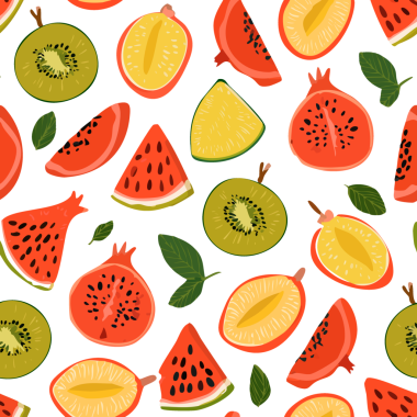 Yaratıcı tasarım için farklı açılarda serpiştirilmiş sanatsal böğürtlen ve meyvelerle renksiz desen.