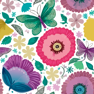 Renkli çiçekleri ve renkli kelebekleri olan parlak, pürüzsüz çiçek desenleri. Tekstil ve dekor için saydam bir arka planda..