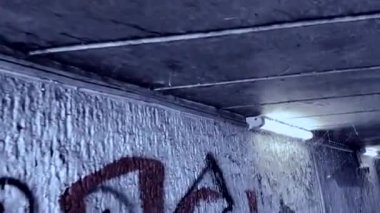 Bir lamba ile aydınlatılmış ürkütücü koyu beton duvar, örümcek ağları ve toprak izleri. Terk edilmiş bir odanın ya da bodrumun atmosferi