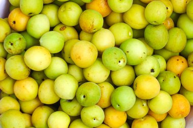 Yakın plan taze sarı erikler, açık yeşil erikler.