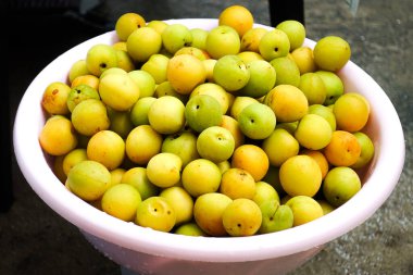 Yakın plan taze sarı erikler, açık yeşil erikler.