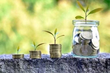 finansal büyüme konsepti, yatırım, küçük yeşil santralli altın para yığınları, sürdürülebilir yatırım ve ekonomik refah kavramını gösteren.