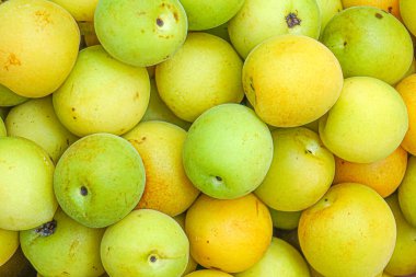 Yakın plan taze sarı erikler, açık yeşil erikler.