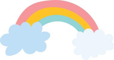 Basit renkli şirin gökkuşağı. Beyaz arkaplanda iki mavi bulutlu gökkuşağı.