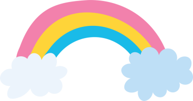 Basit renkli şirin gökkuşağı. Beyaz arkaplanda iki mavi bulutlu gökkuşağı.