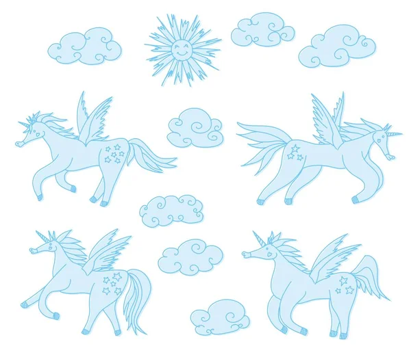 有翅膀的马Pegasus和Unicorns编译 素描涂鸦画图 — 图库照片