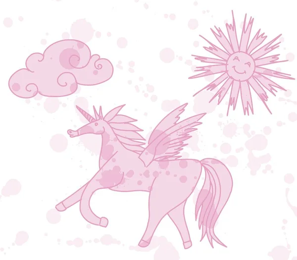 Розовый Единорог Крыльями Солнцем Эскиз Рисунка Каракули — стоковое фото