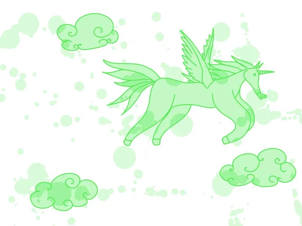 Groene Eenhoorn Met Vleugels Wolken Schets Doodle Tekening Beeld — Stockfoto