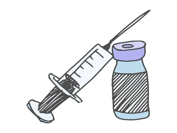 注射器和疫苗药物绘图 涂鸦简单的图画草图 — 图库照片