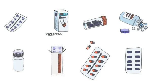 Pillen Capsule Verpakkingen Helpen Gezondheid Strijd Tegen Ziekte Picture Doodle — Stockfoto