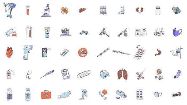 Krankenhausinventar Und Lebenserhaltende Apparate Doodle Skizzenbestand — Stockfoto