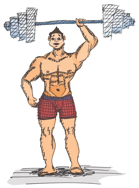 Athlete Bodybuilder Barbell His Hands Picture Doodle Sketch Stock — Stock Photo, Image