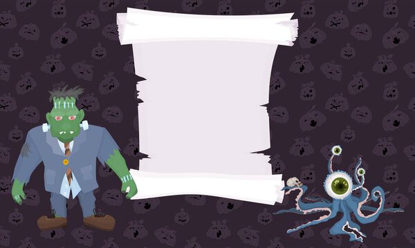 halloween scroll poster with frankenstein and octopus. cartoon image picture
