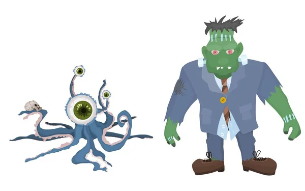 弗兰肯斯坦怪物和海怪章鱼 卡通图片 — 图库照片