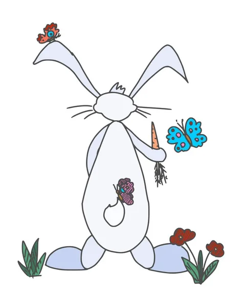 有趣的兔子角色与胡萝卜和蝴蝶 草图图片图像 — 图库照片