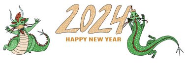 Parlak yeni yıl için iki neşeli ejderha posteri. stok vektör resmi