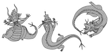 Siyah beyaz boynuzlu ejderhaların derlemesi. Stok vektörüne karalama resmi