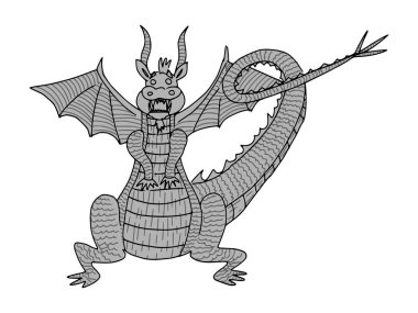 ejderha boynuzlu siyah beyaz çizim. Stok vektörüne karalama resmi