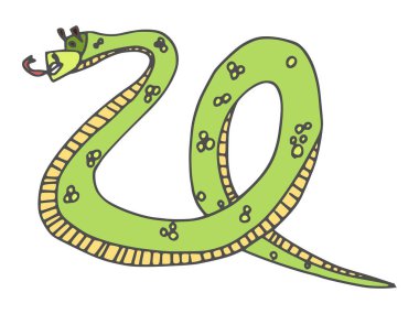 Komik yılan karalama karakteri yabani, kıvrılmış yeşil renk. vektör deposu resmi