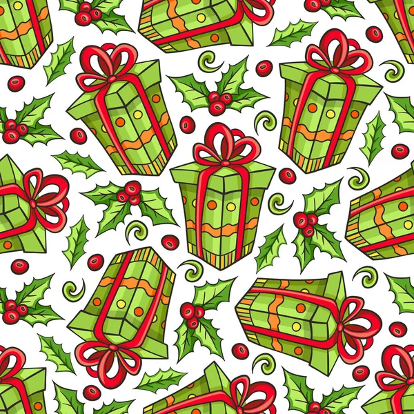 Festliche Weihnachten Nahtlose Muster Mit Geschenken Und Stechpalme Auf Weißem — Stockvektor