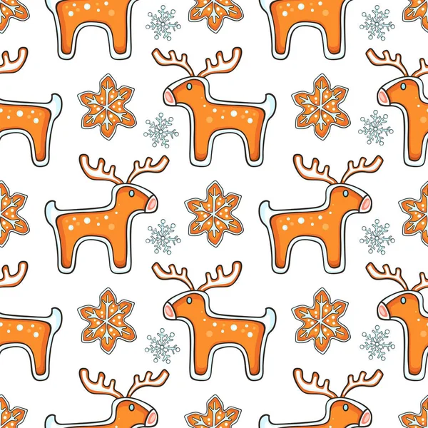 节日的圣诞无缝图案与姜饼鹿和雪片的白色背景 手绘涂鸦矢量背景 — 图库矢量图片