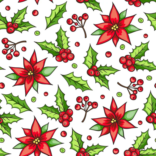 Festive Christmas Seamless Pattern Red Poinsettia Flowers Holly White Background — Stock Vector