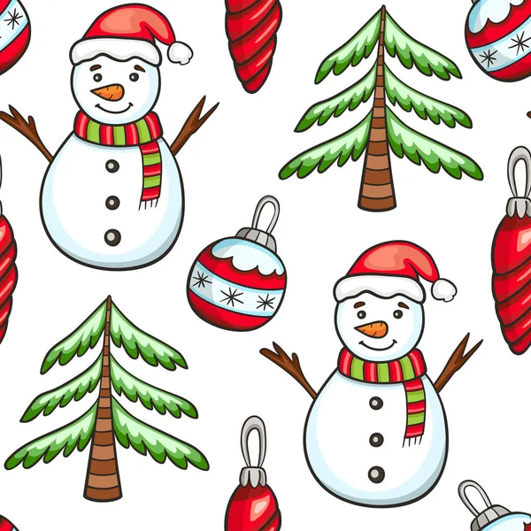 白い背景に雪だるまやクリスマスの装飾と祭りのクリスマスシームレスなパターン 手描きのドアベクトルの背景 — ストックベクタ