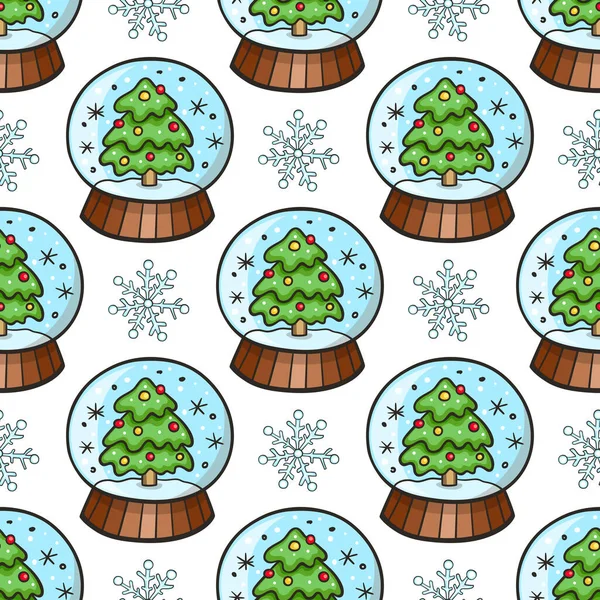Festliches Weihnachtsmuster Mit Schneekugel Und Schneeflocken Auf Weißem Hintergrund Handgezeichneter — Stockvektor