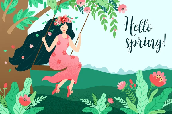 Girl Swing Spring Seasonal Spring Background Green Tree Pink Flowers — Stock Vector