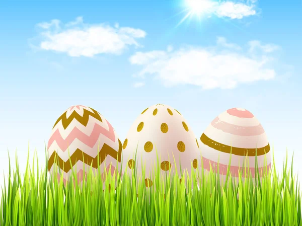 Świąteczne Tło Wielkanocne Dekoracyjnymi Jajkami Błękitnym Niebem Zieloną Trawą Ilustracja — Wektor stockowy