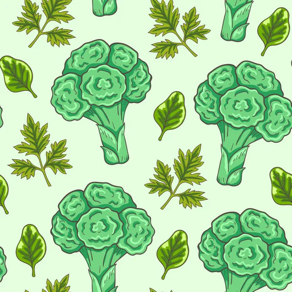 Modello Senza Cuciture Con Broccoli Prezzemolo Spinaci Fondo Verde Illustrazione — Vettoriale Stock