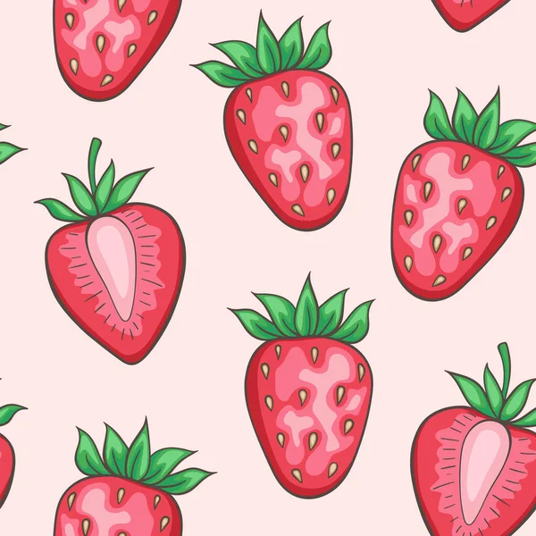 ピンクの背景に甘い赤いイチゴとシームレスなパターン 手描きベクトルイラスト — ストックベクタ