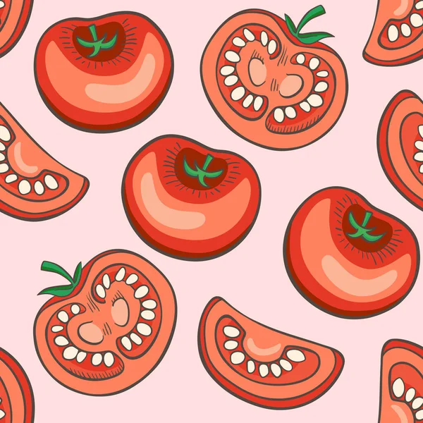 ピンクの背景に赤いトマトとシームレスなパターン 手描きベクトルイラスト — ストックベクタ