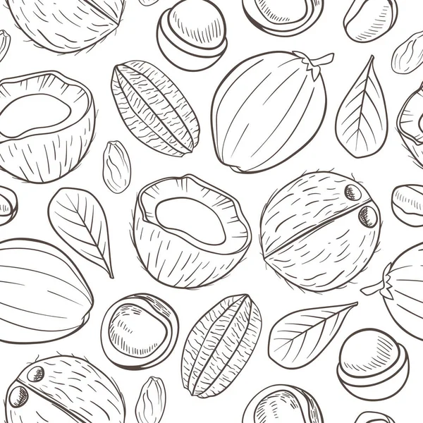 手工绘制的无缝图案与椰子 巴西坚果和坚果 有坚果的病媒背景 — 图库矢量图片
